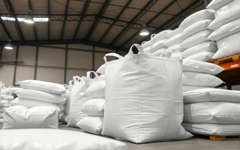 Pilha de Big Bags recondicionados prontos para expedição em galpão limpo e organizado