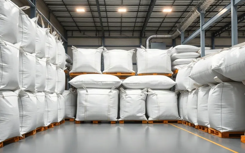 Interior de armazém industrial com Big Bags empilhados e organizados