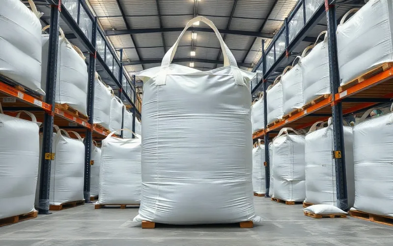 Operação logística industrial com Big Bags em galpão de armazenamento