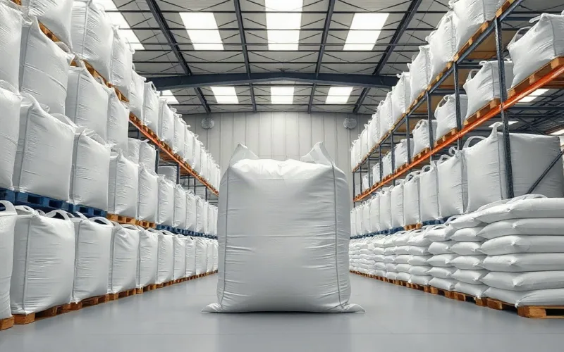 Big Bags recondicionados empilhados em armazém industrial organizado